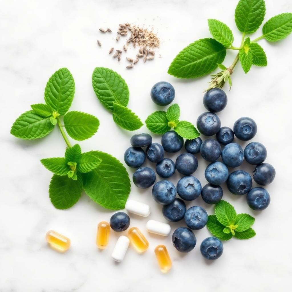 Natural DentaBiome ingredients including mint, blueberry extract, and probiotic capsules