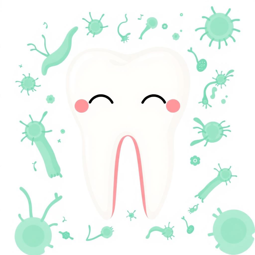 Illustration of a healthy tooth surrounded by beneficial oral probiotic bacteria